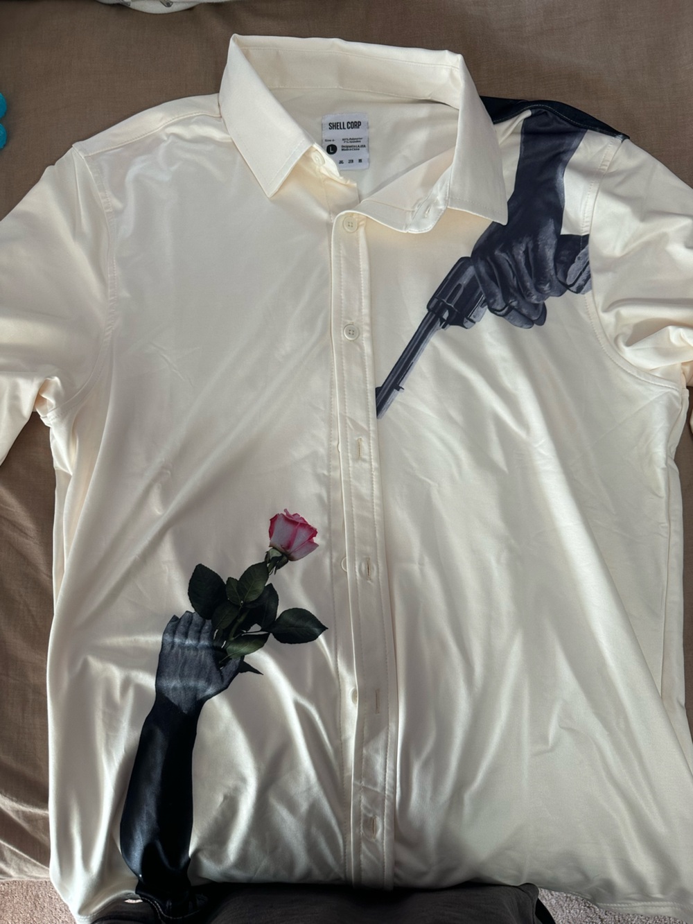 Shell Corp Cream Long-Sleeve Dress Shirt with Black & Pink Graphic